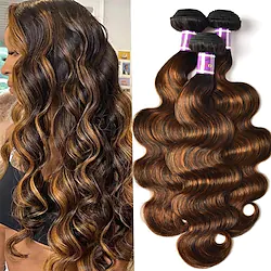 Brown Highlight Body Wave Human Hair Weave 3 Bundles 16 18 20 inch Brazilian Remy Hair Ombre Blonde Human Hair Wavy Weaves Sew in Piano Color TFB30 Lightinthebox