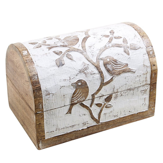 Large Wooden Jewellery Chest Box Keepsake Storage Organiser Multipurpose with Hand Carved Bird Design White Distressed Finish Shabby Chic