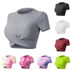 Women's Crew Neck Yoga Top Crop Top Summer Jacquard Twisted Grey Black White Tie Dye Yoga Fitness Gym Workout Tee Tshirt Short Sleeve Sport Activewear Quick Dry Moisture Wicking Breathable Stretchy Lightinthebox