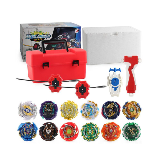 (Red) 12 pc Gyro Beyblade Burst Set w/Launcher+Box