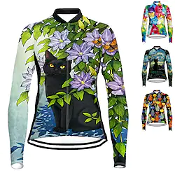 21Grams Women's Cycling Jersey Long Sleeve Bike Top with 3 Rear Pockets Mountain Bike MTB Road Bike Cycling Breathable Quick Dry Moisture Wicking Reflective Strips Black Green Rosy Pink Cat Floral Lightinthebox