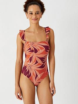 Accessorize Craft Core Palm Print Frill Shoulder Swimsuit