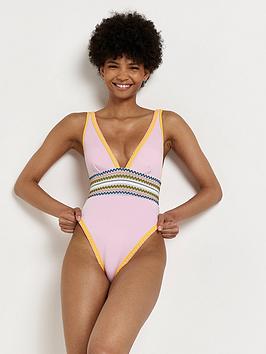 River Island Stitch Detail Elastic Swimsuit - Purple, Purple, Size 12, Women