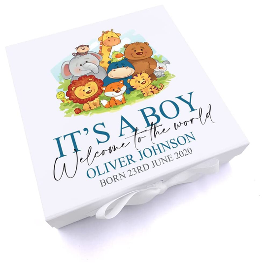 (Large) Personalised Baby Boy Cute Jungle animal Themed Keepsake Box Gift