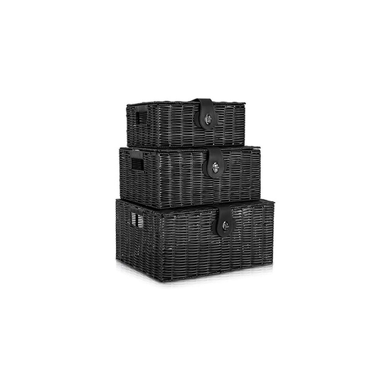 LIVIVO Set of 3 Resin Woven Wicker Hamper Basket Storage Box with Lid and Lock (Set of 3 Black)