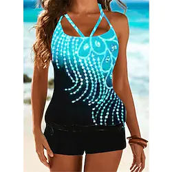 Women's Swimwear Tankini 2 Piece Plus Size Swimsuit Open Back Printing for Big Busts Sequin Flower Light Blue Black Blue Gray White Camisole Strap Bathing Suits New Vacation Fashion Lightinthebox