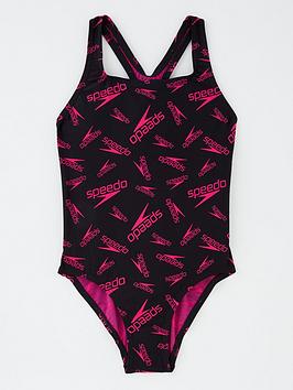 Speedo Kids Boom Logo Medalist Swimsuit - Black/Pink
