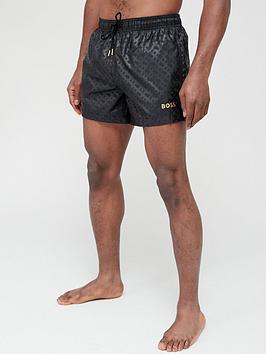 BOSS Quick Dry Monogram Swim Shorts - Black, Black, Size M, Men