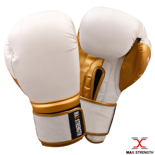 (White/Golden, 12oz) MAX STRENGTH Boxing Gloves for Pro Sparring Kickboxing & MMA