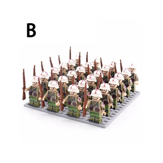 (B) Minifigures 24PCS Army Phalanx Building Block With Bottom Plate With Weapon And Display Box Compatible With Lego