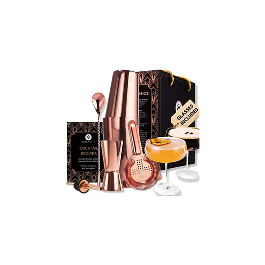 Elegant Cocktail Shaker Set w/ 2 x Handmade Martini Glasses. Rose Gold Cocktail Shaker, Cocktail Accessories & Cocktail Glasses. Beautiful Gift Box +