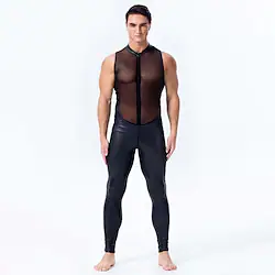 Dance Costumes Leotard / Onesie Split Joint Full Length Visible Zipper Men's Performance Theme Party Sleeveless Natural PU Mesh Lightinthebox
