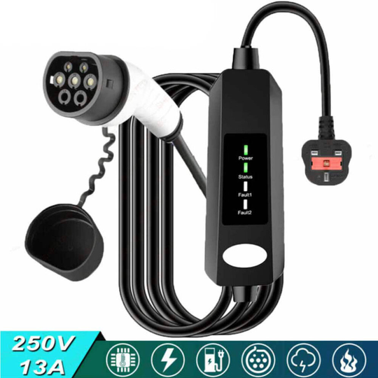 EV Charging Cable Type 2 UK Plug 3 Pin Electric Vehicle Car Charger Protable 13A