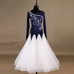 Ballroom Dance Dress Crystals / Rhinestones Women's Training Long Sleeve High Nylon Organza Tulle Lightinthebox