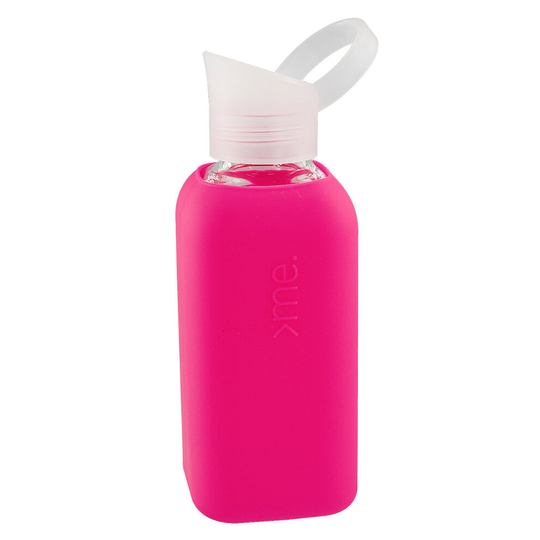 (Pink) Squire Reusable Glass Drinks Water Bottle Silicone Grip Sports Yoga Gym BPA Free