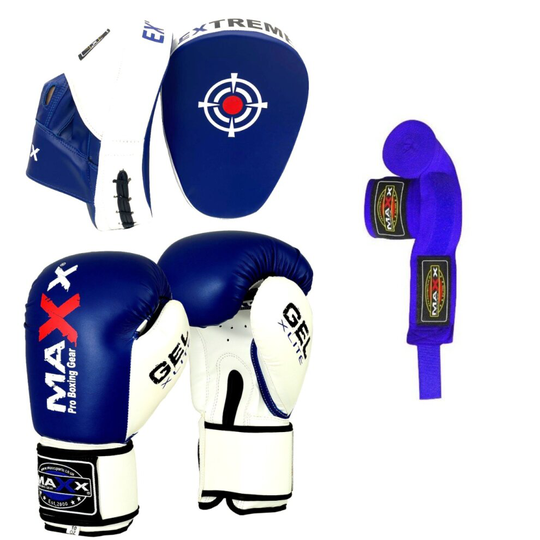 (14OZ Glove) Maxx BOXING GLOVES & LEATHER CURVED FOCUS PADS WITH FREE HAND WRAP