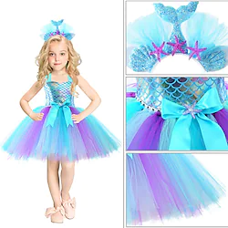 Little Mermaid Mermaid Tail Ariel Aqua Princess Flower Girl Dress Theme Party Costume Tulle Dresses Girls' Movie Cosplay Cosplay Halloween Rosy Pink Blue Fuchsia Dress Halloween Carnival Masquerade Lightinthebox
