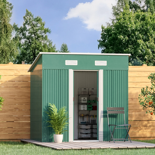 (Dark Green, 4'x6'ft) Metal Garden Shed Flat Roof Outdoor Storage House Tool Box + Steel Base