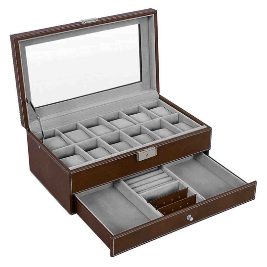 12 Grid Watch Box Organizer Jewelry Display Glass PU Leather Brown
