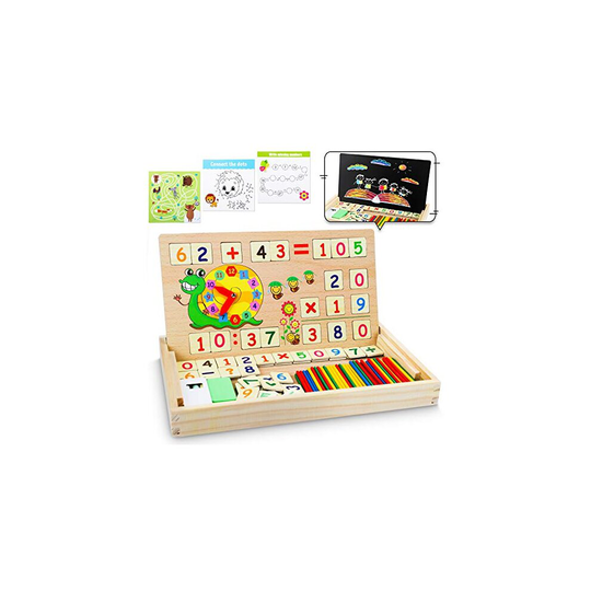 lenbest Magnetic Wooden Maths Puzzle Box, Montessori Toys Wooden Number Blocks with Double Sides Board, Counting Sticks, Chalk & Eraser, Educatio