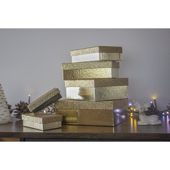 Set of 6 Gold Gift Boxes with Glitter Lids Variety of Sizes