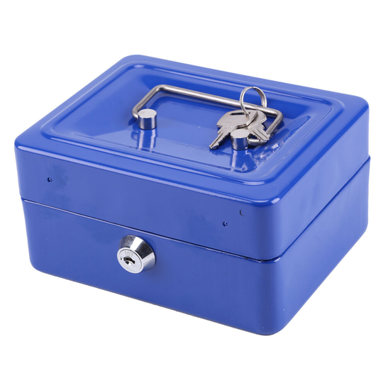 (Blue) Key Lock Tin Safe Lockable Small Money Box
