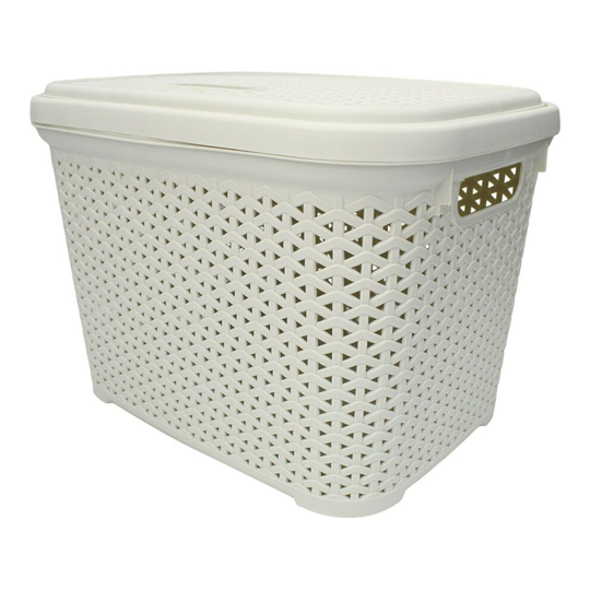 (Ivory) Rattan Plastic Large Storage Box 30 Litre Stackable With Swing Lid