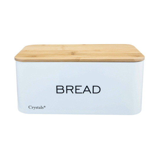 (White) Food Storage Stainless Steel Bread Bin Box With Bamboo Wooden Cutting Board Lid