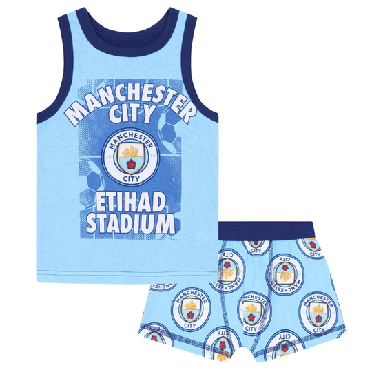(8-9 Years) Manchester City FC Official Football Gift Boys Boxer Shorts & Vest Set