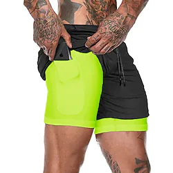Men's Running Shorts Gym Shorts Drawstring 2 in 1 Shorts Sports Outdoor Athleisure Breathable Quick Dry Active Training Walking Jogging Sportswear Activewear Solid Colored Deep Green fluorescent Lightinthebox