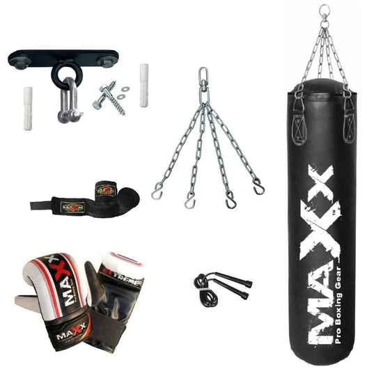 5ft Heavy Filled Punch bag boxing bag Hook Gloves Chain Rope Hand Wrap white