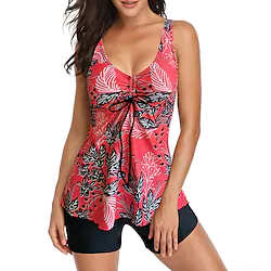 Women's Swimwear Tankini 2 Piece Plus Size Swimsuit Open Back Printing High Waisted Trees / Leaves Tropical Green Black Blue Purple Rosy Pink Camisole V Wire Bathing Suits New Vacation Fashion Lightinthebox