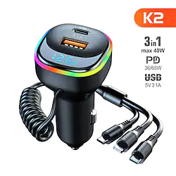 K2 Multi-functional Car Charger Display 12-24V PD65W QC3.0 Quick Charge 3-in-1 Spring Fast Charging Cable Lightinthebox