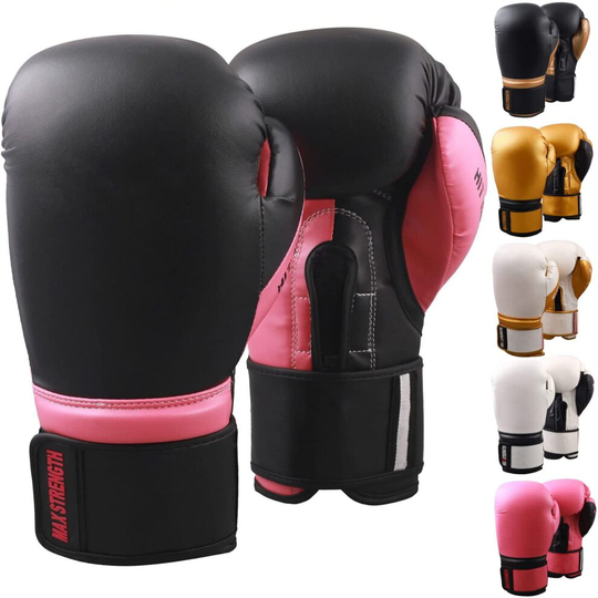 (Black/Pink, 12oz) MAXSTRENGTH® Boxing Gloves Professional MMA Sparring Punch Bag Training Mitts