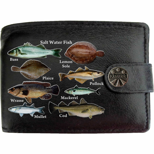 (Standard) Saltwater Fish Fishermans Fishing Mens Wallet Chain Leather Coin Pocket Klassek RFID Blocking Credit Card Slots and Metal Gift Box