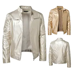Men's Faux Leather Jacket Party / Evening Daily Casual Daily Fall Winter Regular Coat Slim Windproof Rain Waterproof Quick Dry Punk Fashion Jacket Long Sleeve Pure Color Quick Dry Silver Gold Lightinthebox