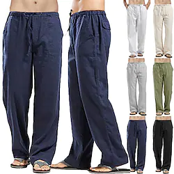 Men's Linen Pants Trousers Beach Pants Wide Leg Plain Breathable Full Length Work Daily Beach Linen / Cotton Blend Fashion Casual Loose Fit Green White Lightinthebox