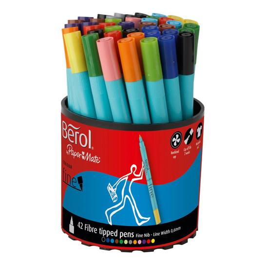 Berol Felt Tip Colouring Markers, Fine Point (0.6mm), Assorted Colours, Tub of 42