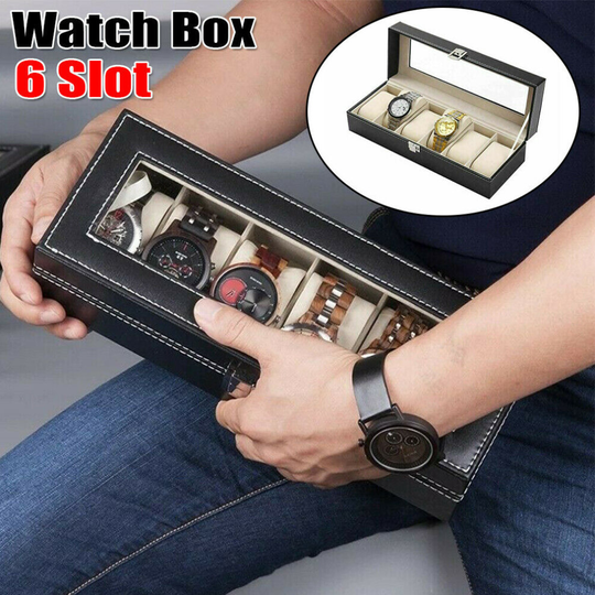 Mens 6 Grids Leather Watch Display Case Jewelry Storage Holder Box