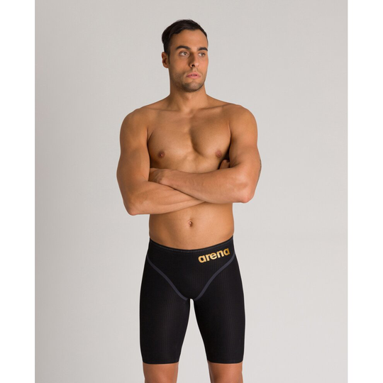 (28) Arena Race Men's Swimming Jammer Powerskin Carbon Core FX Shorts - Black / Gold