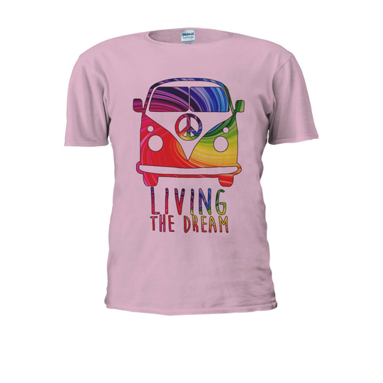(Large, Pink) Camper Van Living The Dream Surf Novelty Men Women Unisex Top T Shirt