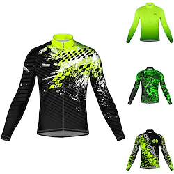 21Grams Men's Cycling Jersey Long Sleeve Bike Jersey Top with 3 Rear Pockets Mountain Bike MTB Road Bike Cycling Breathable Quick Dry Moisture Wicking Reflective Strips Black Dark Green Green Plaid Lightinthebox