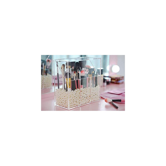 Newslly Clear Acrylic Makeup Organizer with 3 Brush Holder Compartment and Dustproof Lid, Cosmetic Brush Storage Box with White Pearls, for Bathr