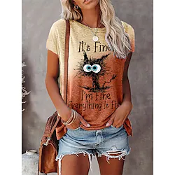 Women's T shirt Tee Purple Brown Gray Patchwork Print Short Sleeve Casual Daily Basic Round Neck Regular I'm Fine Everything Is Fine S / 3D Print Lightinthebox