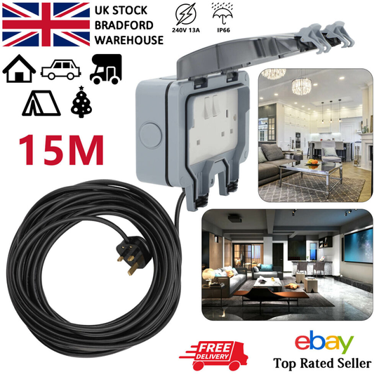 Outdoor IP66 Garden Extension Lead Socket Box IP66 Rated 15m Black Cable