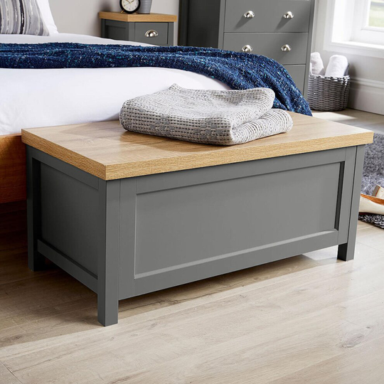 Ottoman Storage Chest Dark Grey Oak Toy Chest Blanket Bedding Box Safety Hinge