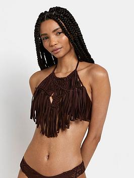 River Island Fringe Halter Neck Bikini Top - Brown, Brown, Size 8, Women