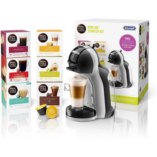 De'Longhi Nescafé Dolce Gusto Mini Me, Single Serve Capsule Coffee Machine Starter Kit, Including 6 boxes of Coffee Pods, EDG155.BG, Black & Grey