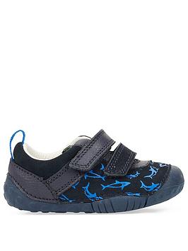 Start-rite Little Fin Shark Print Soft Leather Riptape Baby Shoes - Navy Blue, Navy, Size 2 Younger