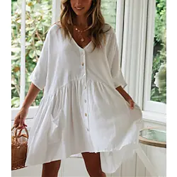 Women's Swimwear Beach Top Normal Swimsuit Pocket Button Solid Color White Black Bathing Suits Modern Elegant / Summer / Micro-elastic / New Lightinthebox